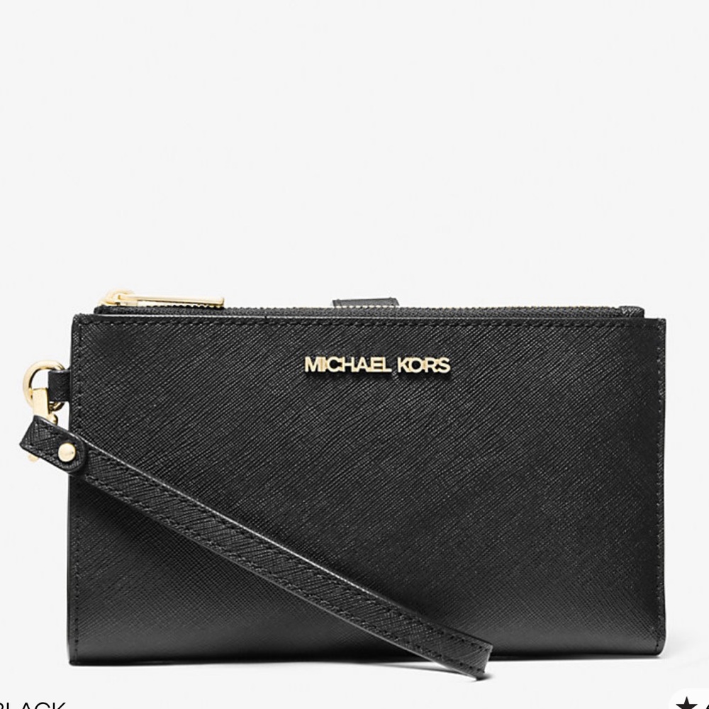 MICHAEL KORS Jet Set Lg Double Zip Leather Smartphone Wristlet Wallet
Black 
NWT